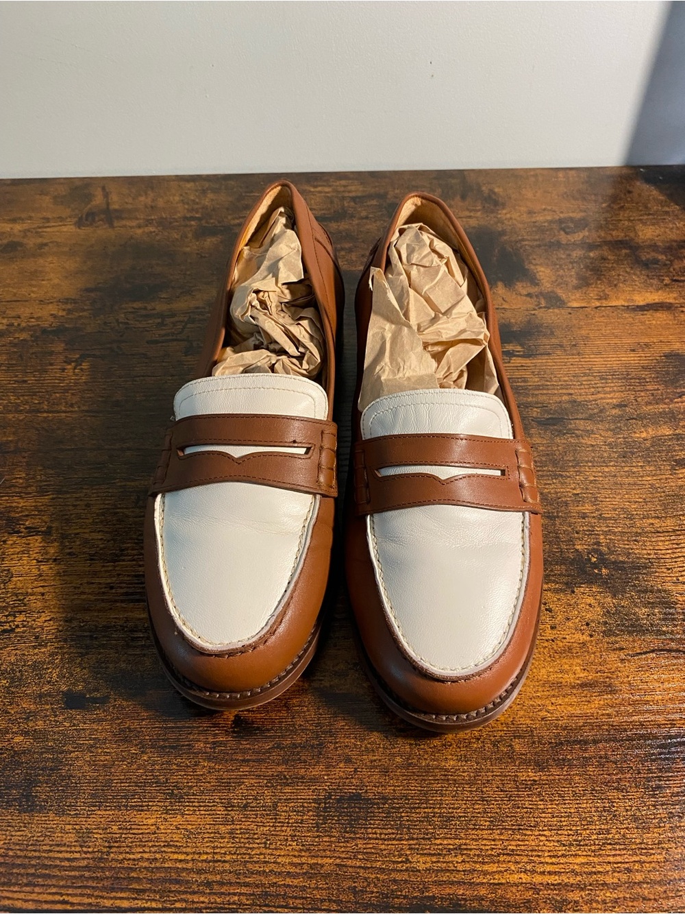 Sezane Two-Tone Brown and White Leather Penny Loafers